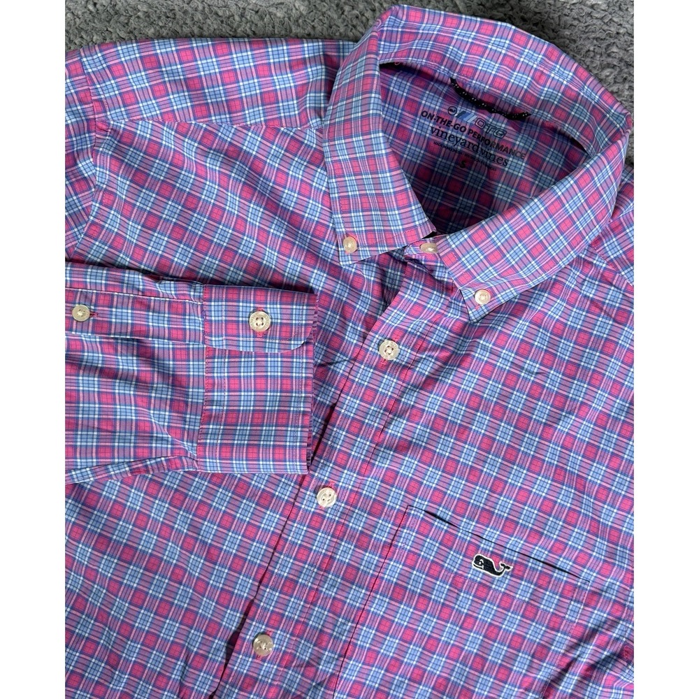 Vineyard Vines On The Go Performance Shirt Mens Small Pink Blue Plaid OTG Whale